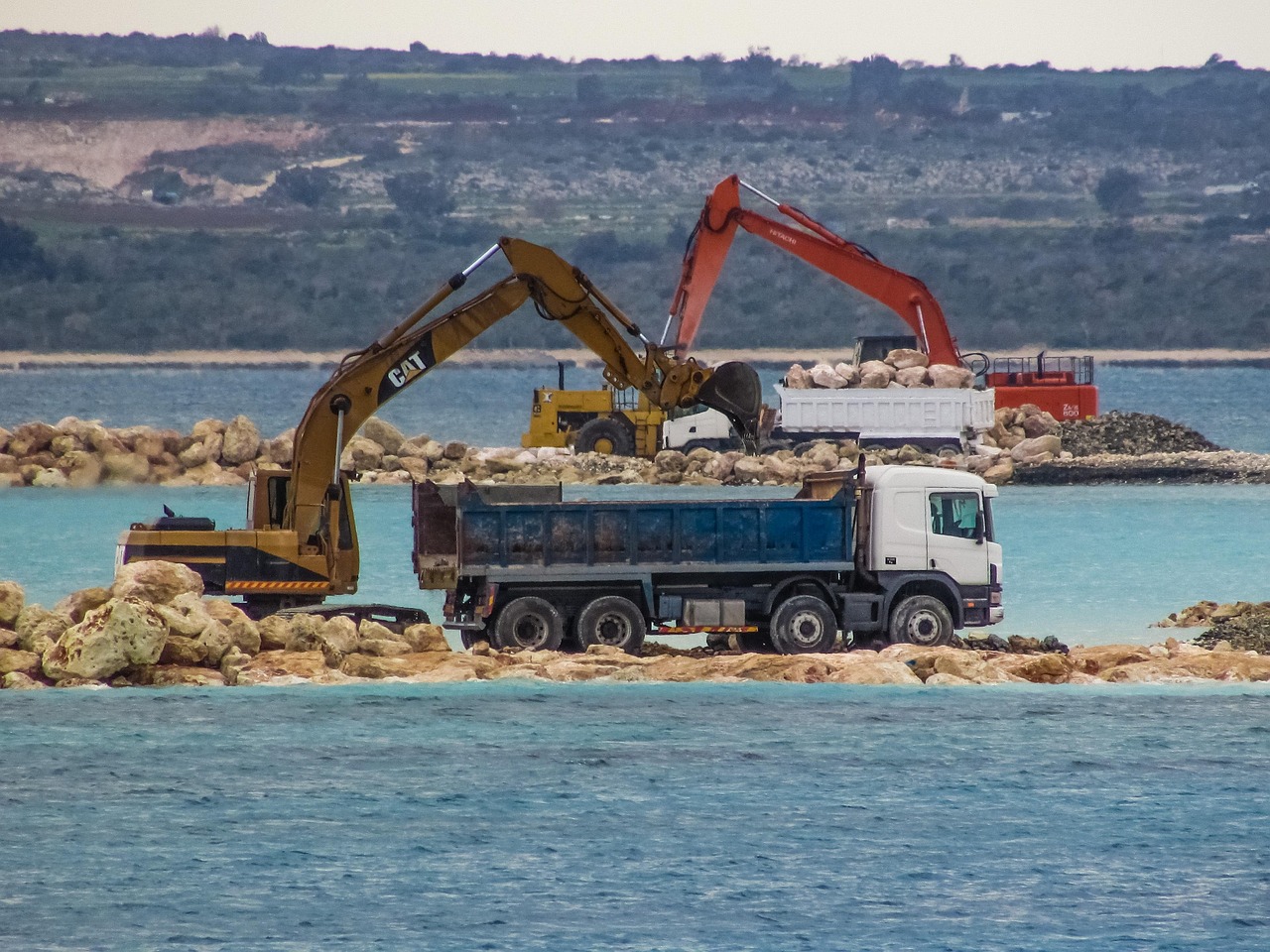 machines dancing, heavy machines, digger, truck, working, construction, synchronized, marina, ayia napa, cyprus, blue dance, blue truck, blue dancing